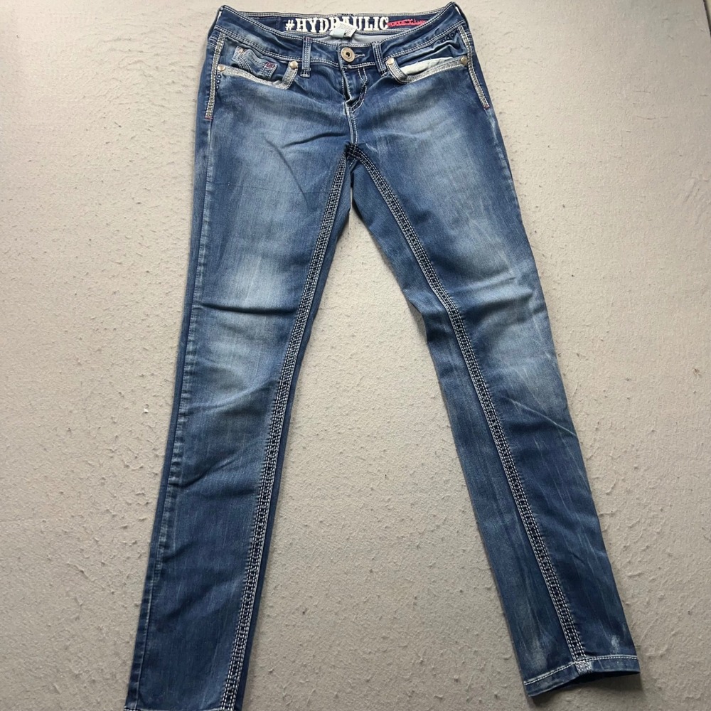 Hydraulic Skinny Jeans Womens 9/10 Blue Embroidered Pockets Contrast Stitching